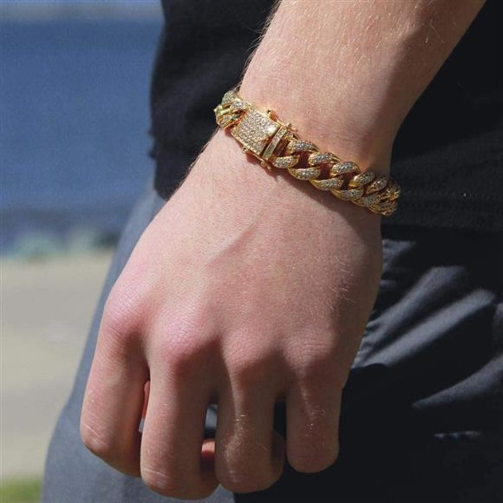 Gold Cuban Link Bracelet Iced Out 12mm 8in